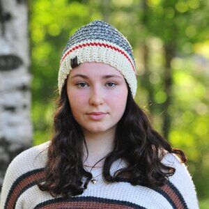 Handmade Grey and Red Sock Monkey Hat, Crochet Wool Toque Made in Canada